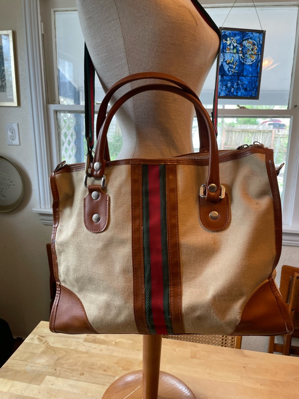 Canvas Travel Tote with Brown Leather Trim and Red-Green Stripe